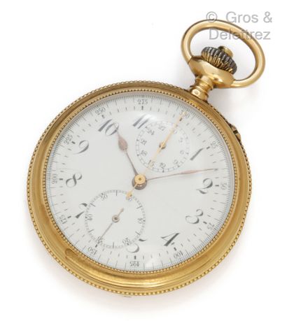  Yellow gold "Chronograph" pocket watch, white dial with two counters and painted...