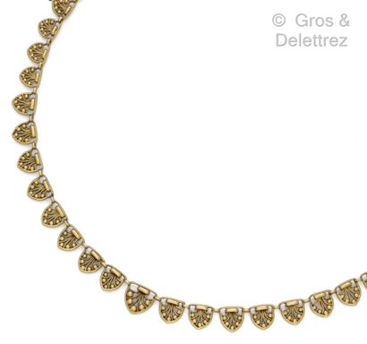  Yellow gold "Collerette" necklace with openwork decoration of filigree and beaded...