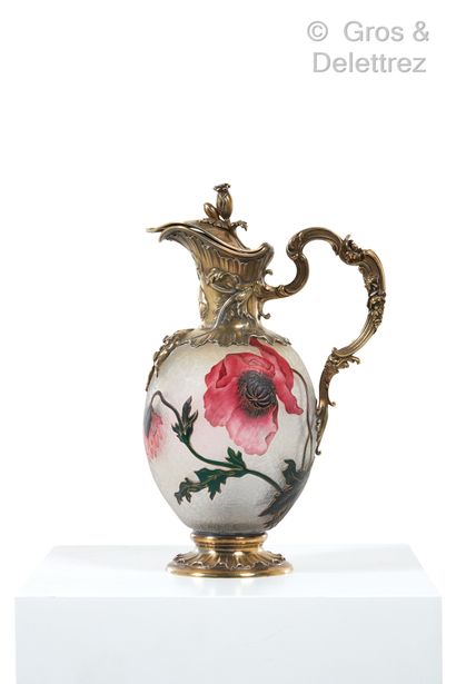 DAUM Nancy Doubled glass ewer with acid-etched decoration of poppy flowers enhanced...