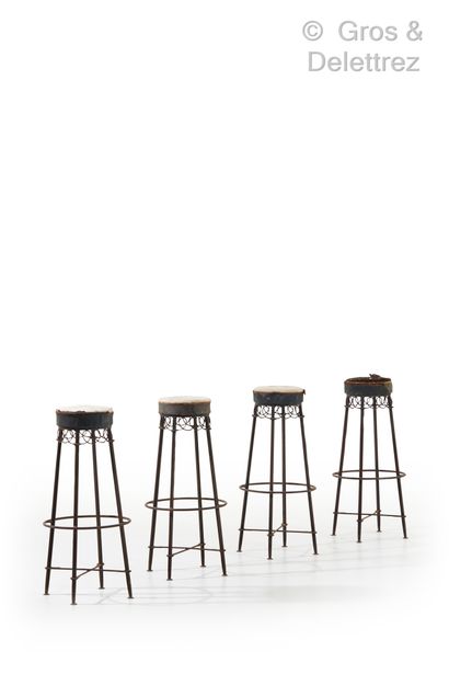 Mathieu MATÉGOT (1910-2001) Set of four bar stools in black lacquered metal with...