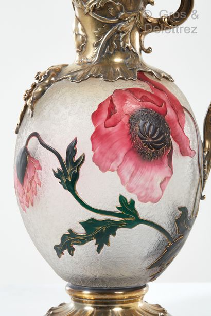 DAUM Nancy Doubled glass ewer with acid-etched decoration of poppy flowers enhanced...