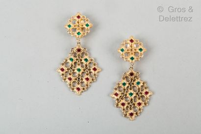 CHRISTIAN DIOR Pair of gold-plated metal earrings on a clip with multicolored rhinestones....
