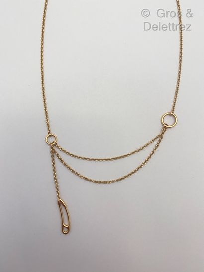 HERMES "Mini punk anchor chain". - Pink gold necklace holding a kilt pin. Signed...