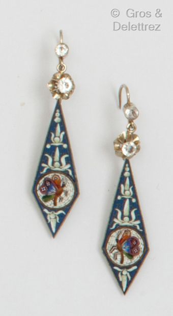 Pair of silver earrings, decorated with micro-mosaic...