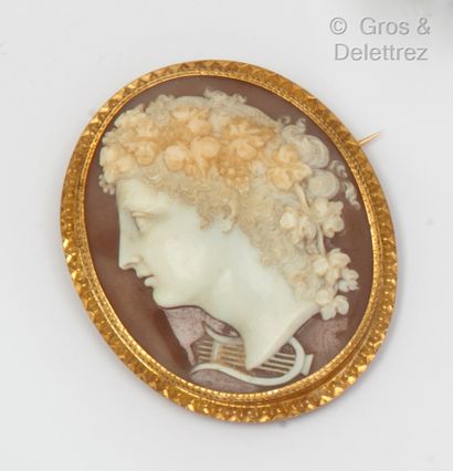 null A yellow gold brooch with a cameo representing the profile of a woman, her hair...
