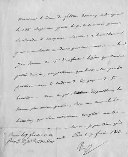 NAPOLEON Ier Départ du 138e régiment pour Mayence. Lettre signée «Nap», rédigée par...