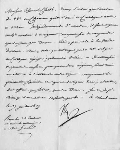 NAPOLEON 1er Ordres pour l'armée d'Italie et d'Espagne. Lettre signée «Nap», adressée...