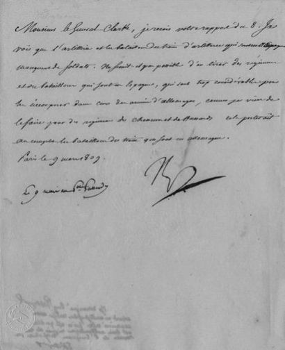 NAPOLEON 1er Demande de compléter des régiments provenant d' Espagne. Lettre signée...