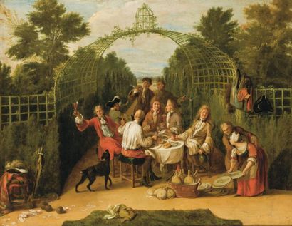 Attribué à Jacques AUTREAU (1657-1745) Un déjeuner sous la tonnelle Toile 93 x 118...