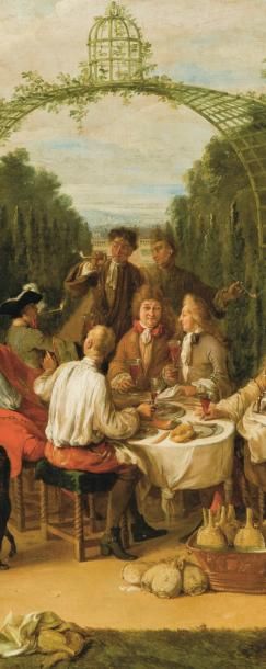 Attribué à Jacques AUTREAU (1657-1745) Un déjeuner sous la tonnelle Toile 93 x 118...
