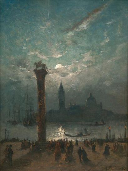 Charles PORCHER (1834-1895) La place Saint-Marc au clair de Lune Huile sur toile,...