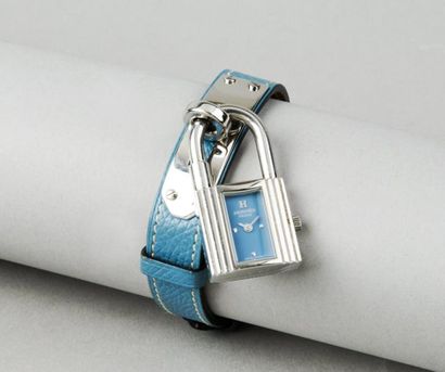 HERMES Paris made in France Montre Kelly en acier, cadran et bracelet bleu jeans,...