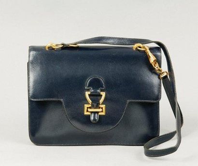 HERMES Paris Sac «Sandrine» en cuir marine, attaches fermoir plaqué or, anse bandoulière,...