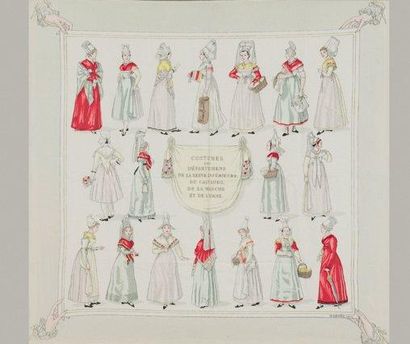 HERMES Paris Carré en soie imprimée titré «Les Costumes des Départements de la Seine...