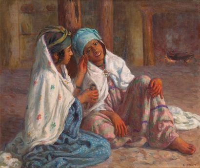 Étienne DINET (1861-1929) Jeunes filles se maquillant Huile sur toile, signée en...