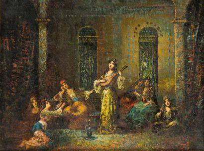 Frédéric BORGELLA (1833-1901) Danseuse et musiciens orientaux Huile sur toile, signée...