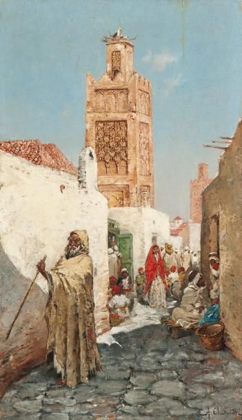 Alfred CHATAUD (1833-1908) Scène de rue, Maroc Huile sur panneau, signée en bas à...