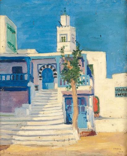 Yahia TURKI (1902-1969) Le café des Nattes, Sidi Bou Saïd Huile sur toile, signée...
