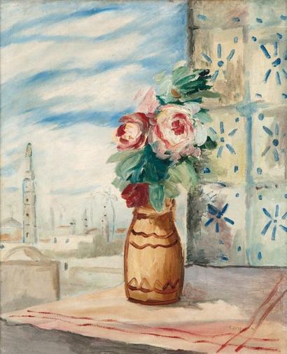 Antoine CORPORA (1909-2004) Vase de rose devant la médina de Tunis Huile sur toile,...