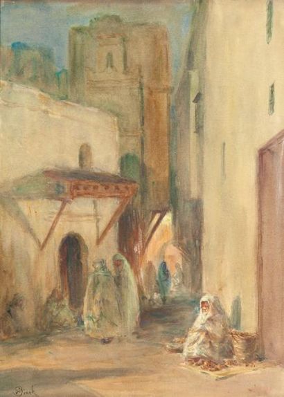 Alphonse BIRCK (1859-1942) Rue animée en Algérie Aquarelle, signée en bas à gauche....