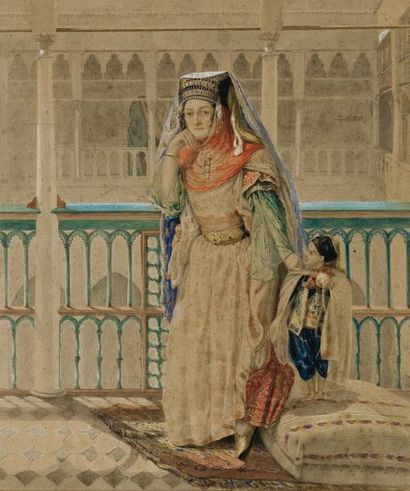 D. FOURNIER (XIXème siècle) Orientale et jeune garçon en costume ottoman Aquarelle,...