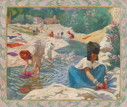 Marguerite TEDESCHI (1879-1970) Femmes dans l'Oued de Bou Saâda Huile sur toile,...