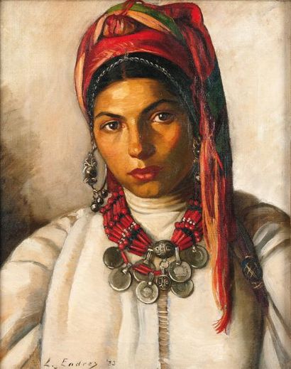 Louis John ENDRES (1896-1989) Portrait de femme au foulard rouge Huile sur toile,...