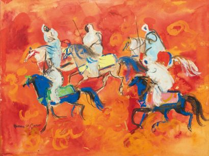Hassan EL GLAOUI (né en 1924) Cinq cavaliers Gouache sur papier, signée en bas à...