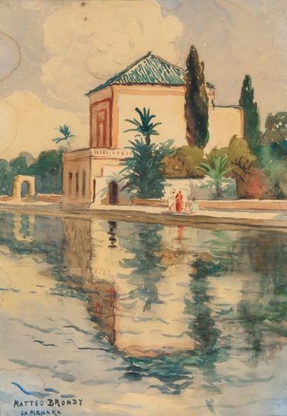 Mattéo BRONDY (circa 1866-1954) La Menara, Marrakech Aquarelle, sur papier, signée...