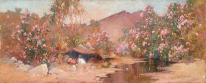 Eugène DESHAYES (1868-1939) Campement au bord de l'oued de Bou Saâda Huile sur panneau,...