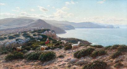 Antoine GADAN (1854-1934) Jeunes bergers et leurs chèvres, bord de mer Huile sur...