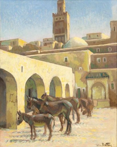 Julien MATTHEY (1889-1956) Chevaux sur la place, Maroc Huile sur carton, signée en...