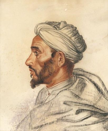 Louis John ENDRES (1896-1989) Portrait d'homme au turban, de profil Sanguine et pierre...