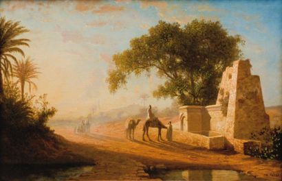 Théodore FRERE (1814-1888) Halte des chameliers à la fontaine, Egypte Huile sur panneau,...