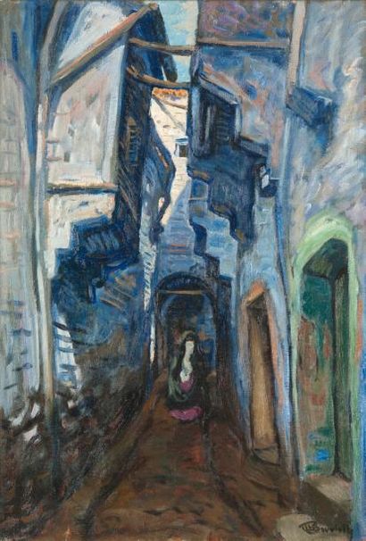 Maurice BOUVIOLLE (1893-1971) Femme voilée dans la Kasbah d'Alger Huile sur toile,...