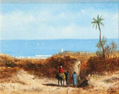Jacques ROUX (XXème siècle) Chemin creux à Sidi Bou Saïd, Tunisie Huile sur panneau,...