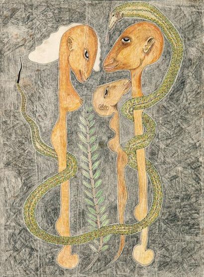 Abbés SALADI (1950-1992) Têtes au serpent (La Famille) et Couple sous un arbre au...