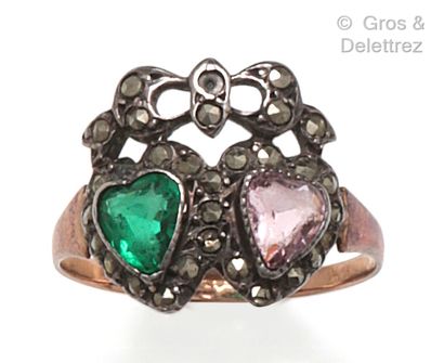  Yellow gold and silver "Hearts" ring with marcasites, set with pink and green stones...