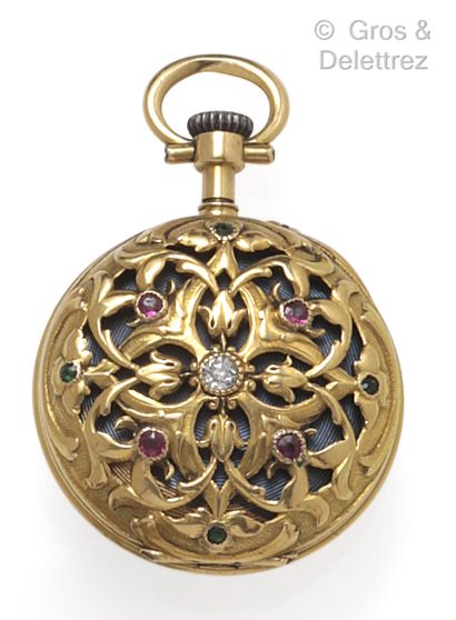  Yellow gold pocket watch, round case, white enamelled dial with painted Arabic numerals...