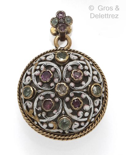  Yellow gold pendant with rosettes and polychrome enamelled foliage, set with rubies,...