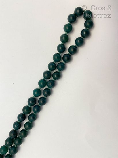  Long necklace made of a row of green agate beads. Soviet work of the 1970s. Metal...