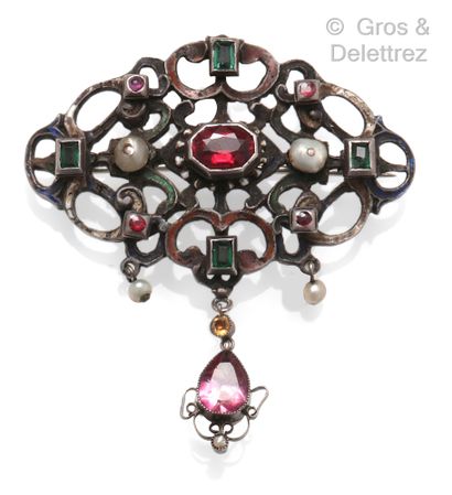  Silver brooch with interlacing and polychrome enamel, highlighted with green, pink...