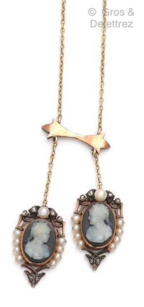 null Yellow gold and silver "Neglected" necklace, decorated with two cameos on agate...