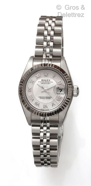 ROLEX « Oyster perpetual Datejust » – Bracelet montre de dame en acier. Boîtier tonneau...