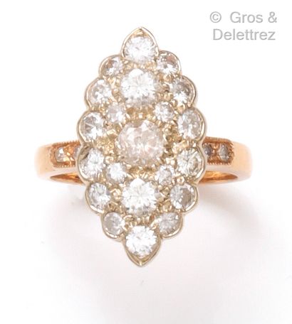 null Yellow gold "Navette" ring, entirely set with brilliant-cut diamonds. Finger...