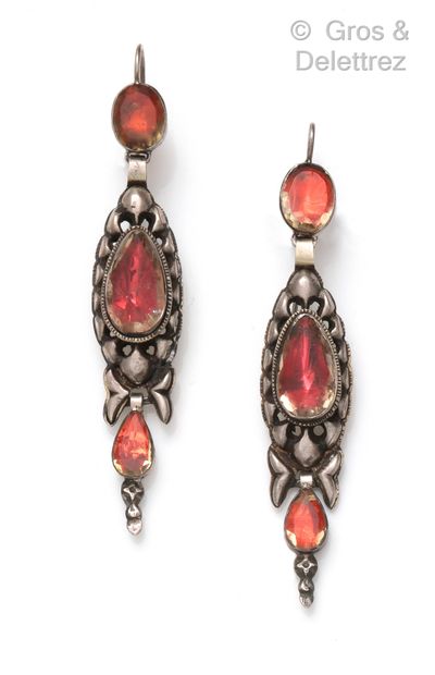  Pair of openwork silver earrings set with citrines on pearl. Spanish work of the...