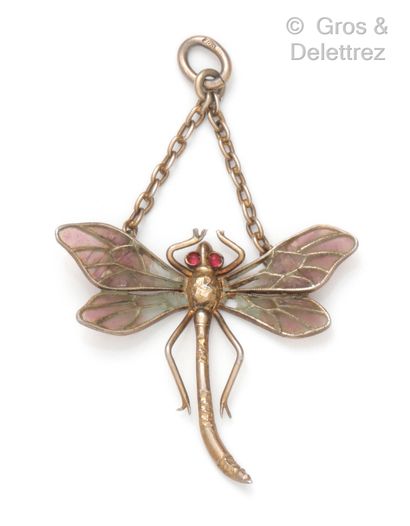 null A vermeil "Dragonfly" pendant with green to pink enamel wings and eyes set with...