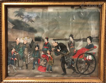 null Japon vers 1880

Scène de fête devant une rivière

Peinture sur soie

44 x 57...