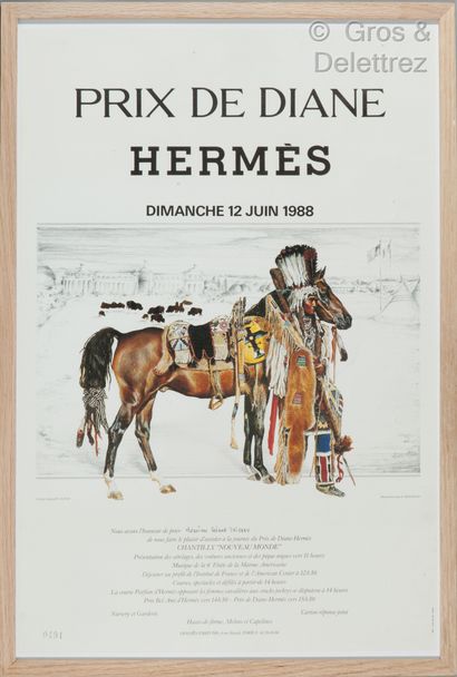 HERMES Lot of five framed and titled posters of the Prix de Diane Hermès Sunday 12...
