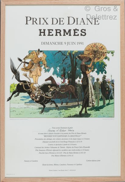 HERMES Lot de cinq affiches encadrées et titrées du Prix de Diane Hermès Dimanche...